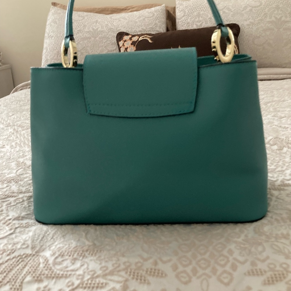 Vera Pelle Teal Leather Satchel with Gold Accents - Picture 8 of 9